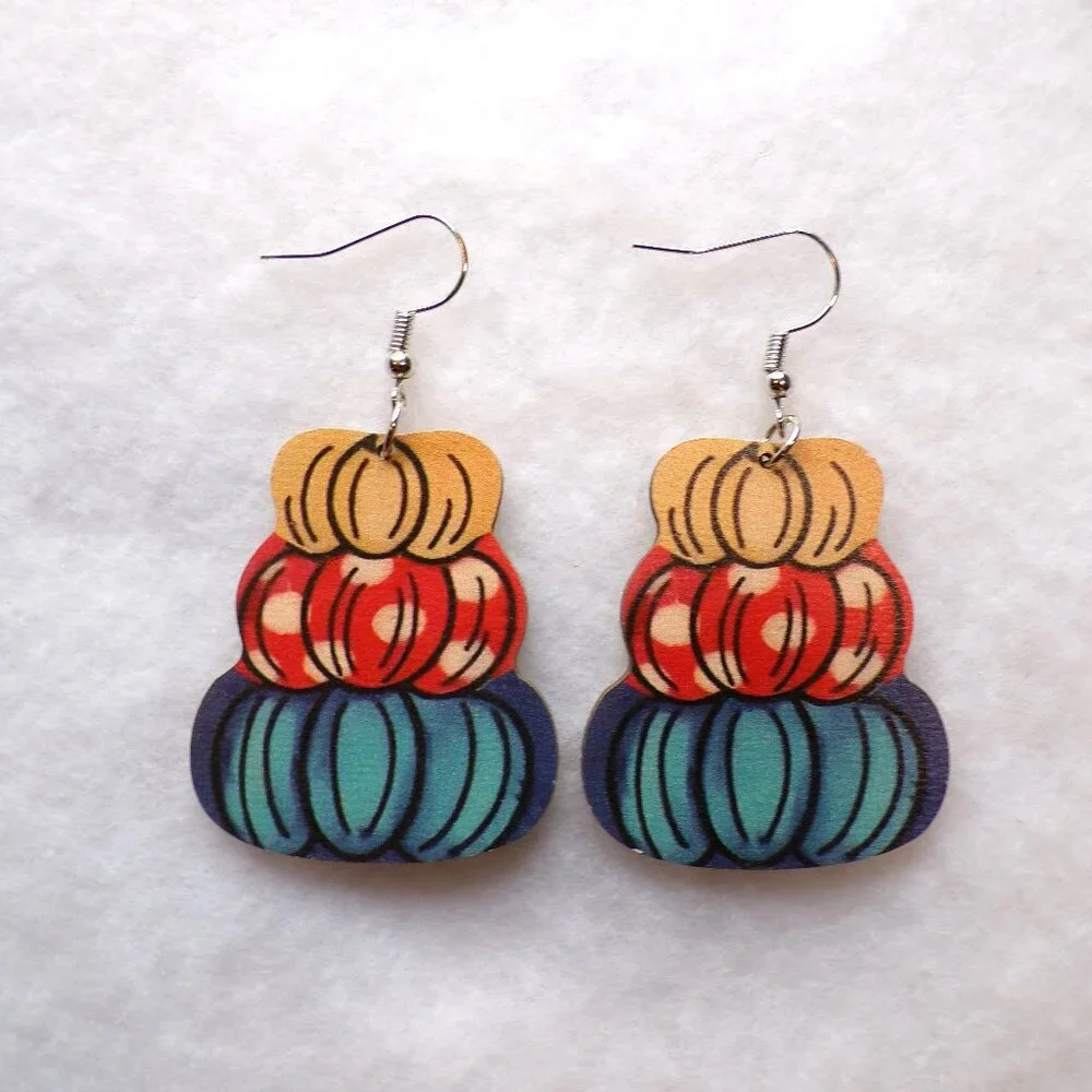 Fall Pumpkin Earrings Multicolor Wood Dangle Festive